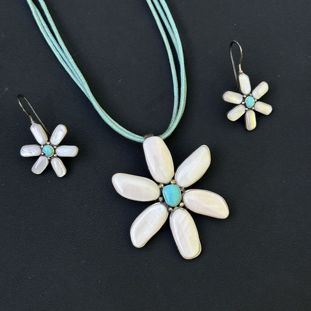 925 Sterling Silver MOP Turquoise Floral Necklace Earrings Set Daisy 31.6g